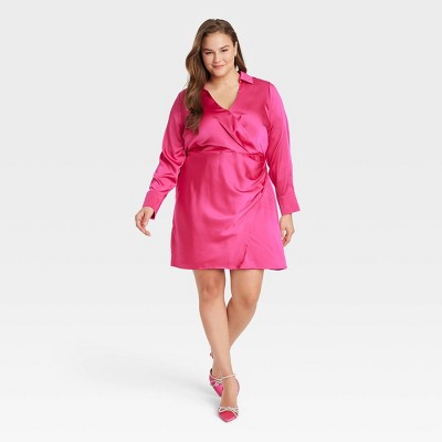 Women's Long Sleeve Satin Shirtdress - A New Day™ Pink XXL