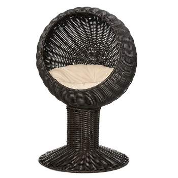 PawHut Hooded Elevated Cat Bed Rattan Kitten Condo Round with Cushion