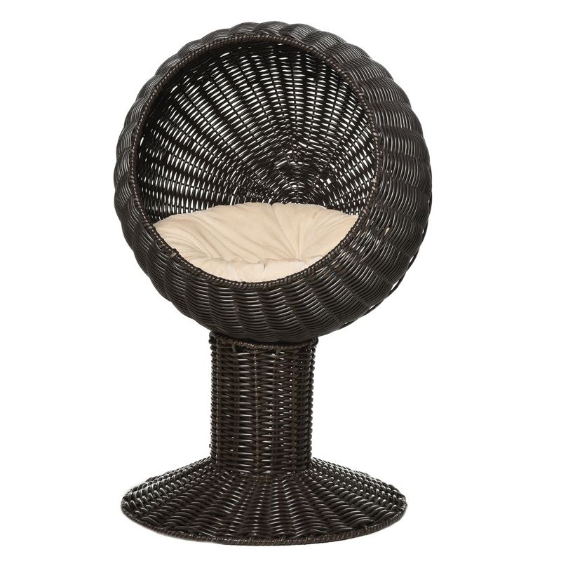 PawHut Hooded Elevated Cat Bed Rattan Kitten Condo Round with Cushion, 1 of 9
