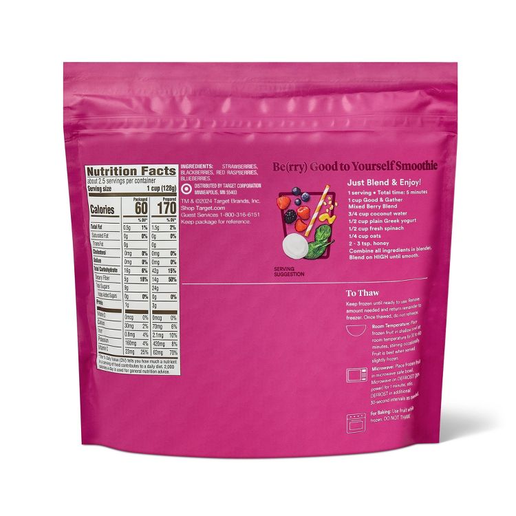Pink colored package with nutrition facts and smoothie ingredients, including strawberries, blackberries, red raspberries, and blueberries, along with a serving suggestion image.