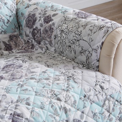 Gray and Aqua Floral Patchwork Stain-Resistant Microfiber Sofa Protector