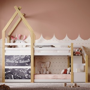VYNXARIA Twin over Twin House Bunk Bed with Storage Staircase and Blackboards - 1 of 4