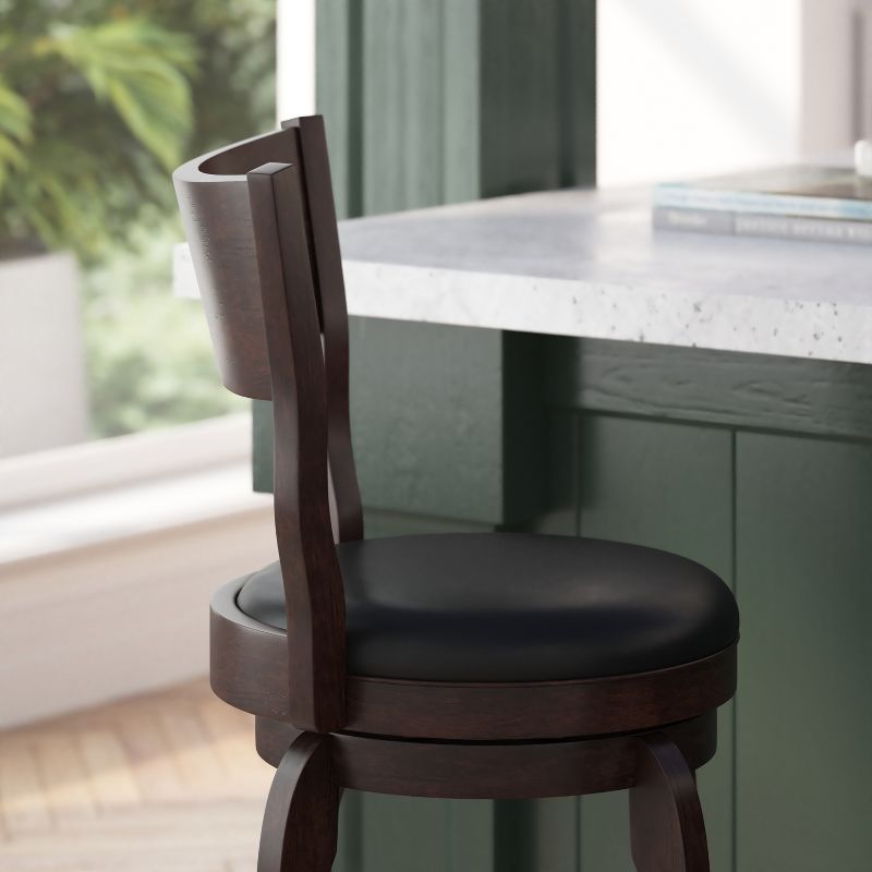 Merrick Lane 24" Classic Wooden Open Back Swivel Counter Height Pub Stool with Upholstered Padded Seat and Integrated Footrest, 6 of 13