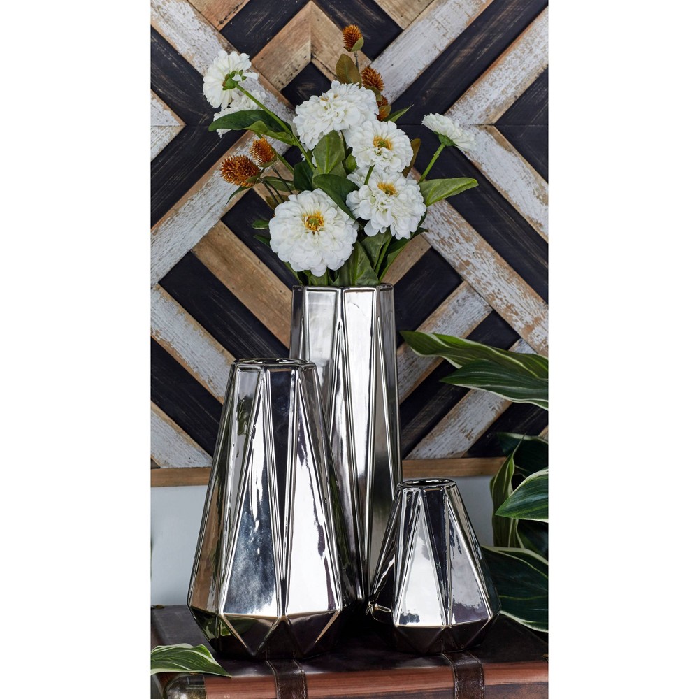 Photos - Vase Set of 3 Glam Style Geometric Metallic Electroplated  Silver - CosmoL