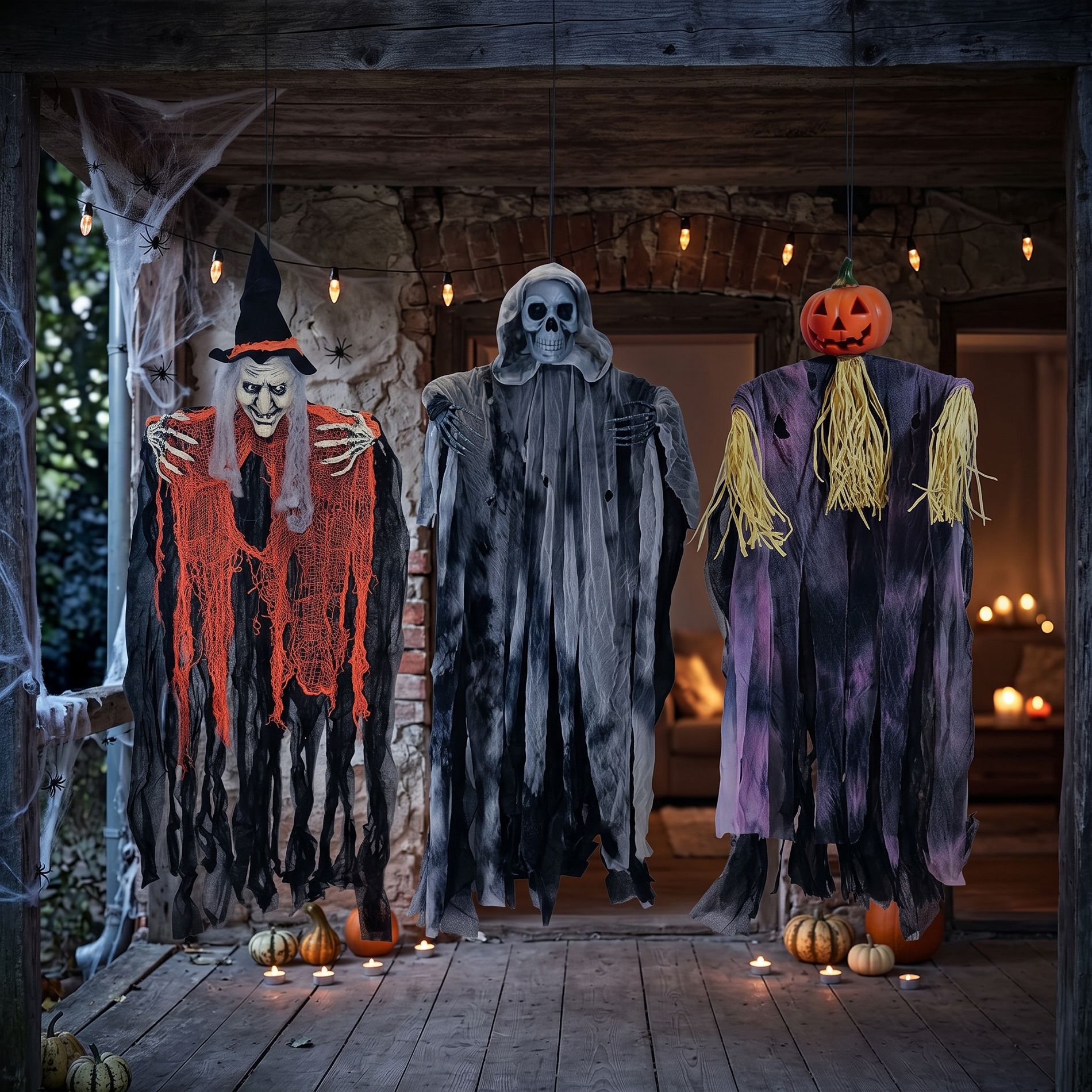 3 Pack 35" Hanging Halloween Ghost Decorations, Witch, Grim Reaper & Pumpkin Scarecrow Props for Porch, Yard and Party