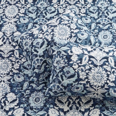 White and Indigo Floral Cotton Twin Quilt Set
