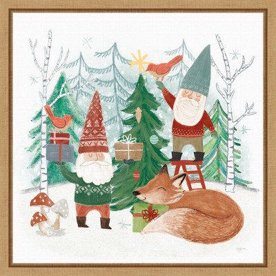Woodland Gnomes Holiday Canvas Print with Oak Frame