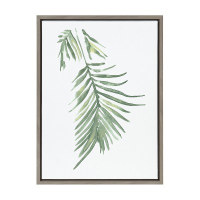 Tropical Palm Leaf Green and Gray Framed Canvas Art, 18x24