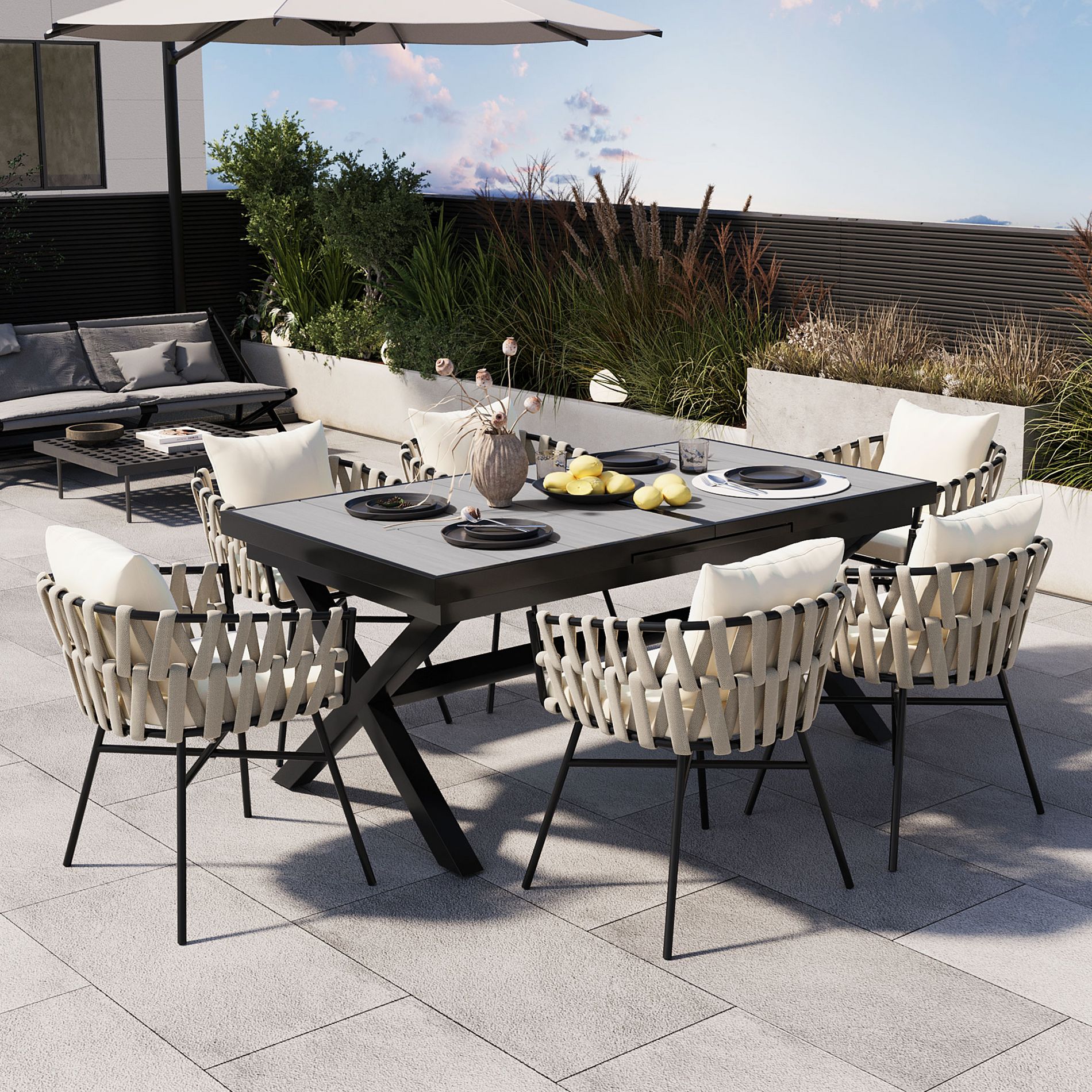 7 PCS Expandable Outdoor Dining Set with 6 Chairs, Adjustable Table (62.9" to 82.6"), Woven Tape Chairs, Iron/Aluminum Frame, Gray - ModernLuxe
