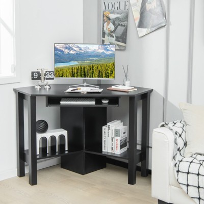 Black Wooden Corner Desk with Drawer and Keyboard Tray
