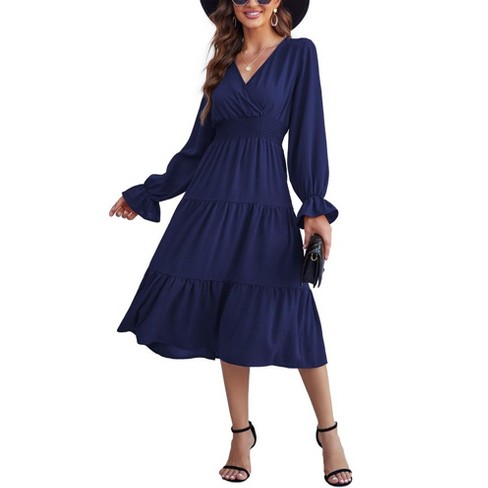 Whizmax Women s Casual Wrap V Neck Midi Dress Long Sleeve Smocked Waist Tiered A Line Pleated Flowy Long Dress Navy M