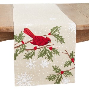 Saro Lifestyle Winter's Delight Perched Cardinal Table Runner, 16"x70", Beige - 1 of 3