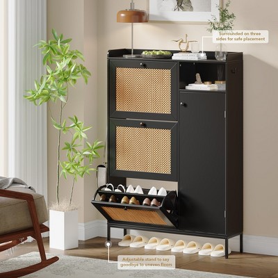 Black Wood and Rattan Freestanding Shoe Cabinet with Adjustable Shelves