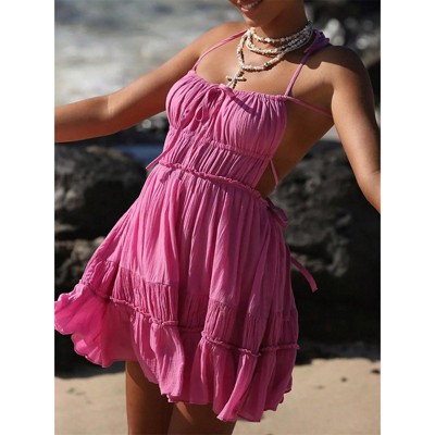 Clotth Women Y2K Spaghetti Strap Mini Dress Summer Solid Color Sleeveless Ruffled Party Dress For Cocktail Beach Club Streetwear