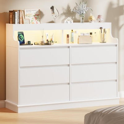 6-Drawer for Bedroom, Wide Organizer with Spacious Top, Chest of 6 Drawers with LED Lights and Charging Station for Living Room, Closet, Hallway