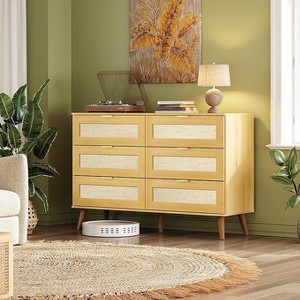 GALAXHERO Boho Rattan 6-Drawer Dresser – 47.24'' Wide Storage Cabinet with Gold Handles, Fits 55'' TV, Ideal for Bedroom, Living Room,Light Oak - 1 of 1