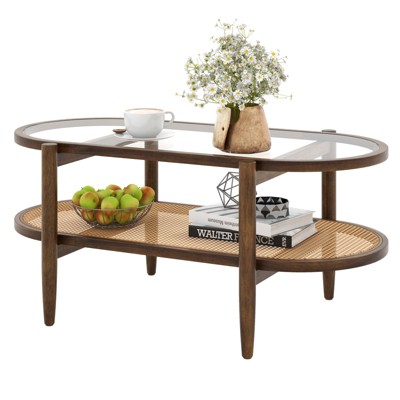 Tangkula 2-Tier Acacia Wood Coffee Table Mid-Century Modern Rectangular Center Table with Glass Tabletop and Imitation Rattan Storage Shelf