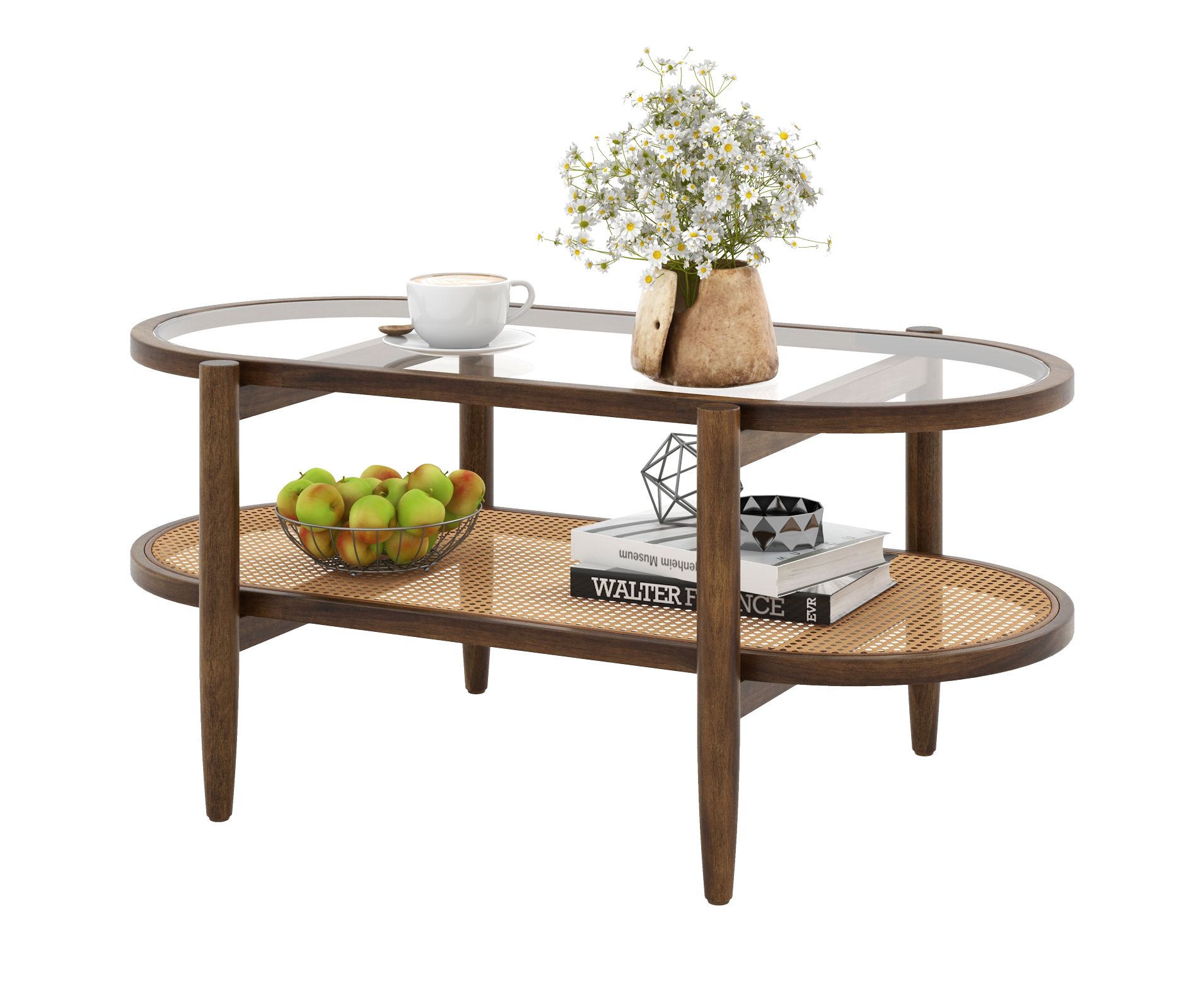 Tangkula 2-Tier Acacia Wood Coffee Table Mid-Century Modern Rectangular Center Table with Glass Tabletop and Imitation Rattan Storage Shelf