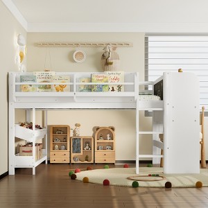 KTMBDW Low Loft Bed with Storage Shelves,Desk and Blackboard,Wood Kids Loft Bed with Safety Guardrail and Ladder,Under-Bed Play Space - 1 of 4
