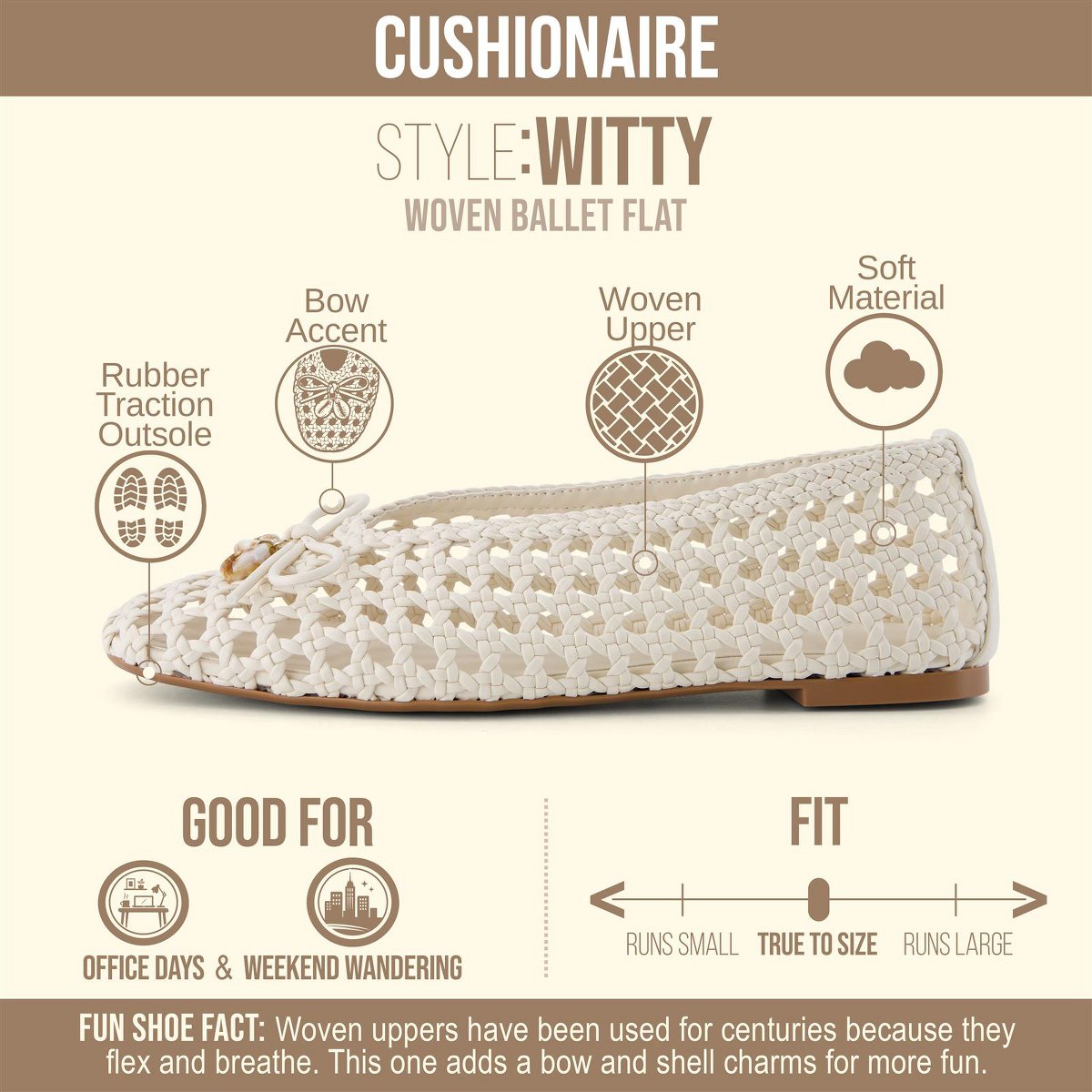 Обувь CUSHIONAIRE Witty Hand Woven Ballet Flats for Women, Comfortable Pointed Toe Flat Shoes with Bow Detail and Memory Foam, IVORY 8 — фото 2