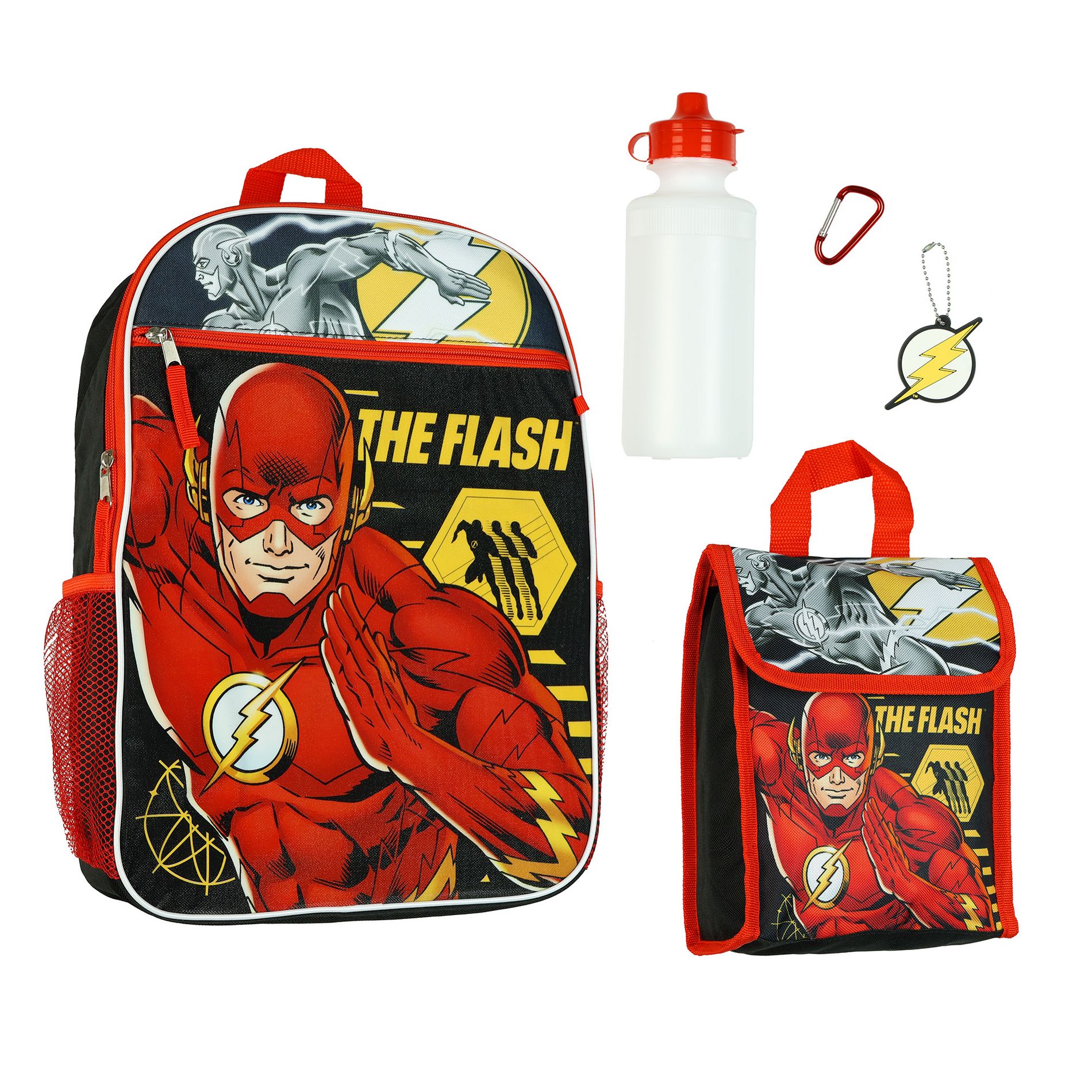 DC Comics The Flash Backpack 16" 5 Piece Set Book Bag with Lunch Box Black