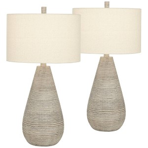 360 Lighting Rustic Country Cottage Table Lamps 30" Tall Set of 2 Natural Gray Teardrop Off White Oatmeal Drum Shade for Bedroom Living Room House - 1 of 4