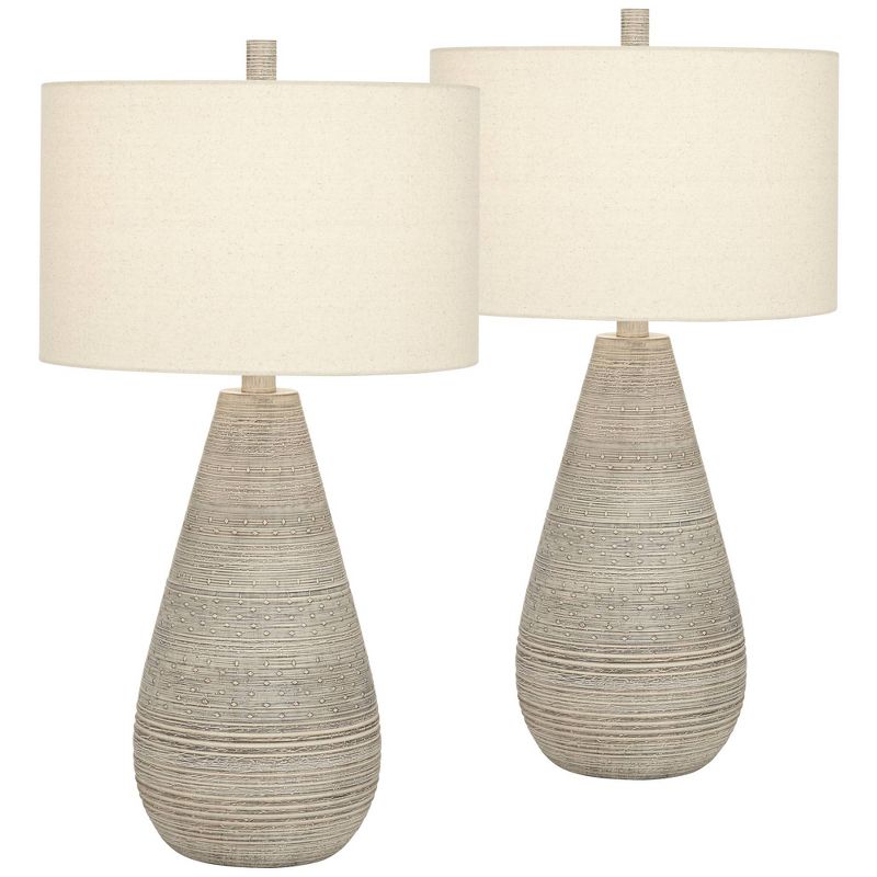 360 Lighting Rustic Country Cottage Table Lamps 30" Tall Set of 2 Natural Gray Teardrop Off White Oatmeal Drum Shade for Bedroom Living Room House, 1 of 10