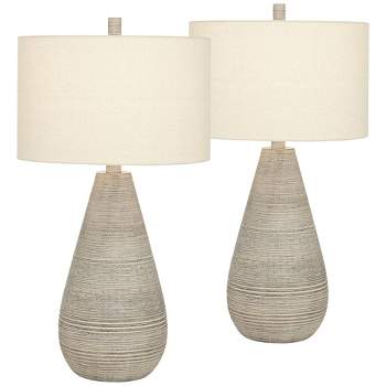 360 Lighting Rustic Country Cottage Table Lamps 30" Tall Set of 2 Natural Gray Teardrop Off White Oatmeal Drum Shade for Bedroom Living Room House