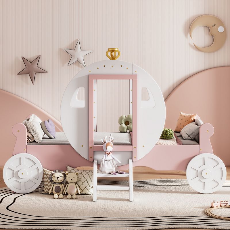 Twin size Princess Carriage Bed with Crown, Wood Platform Car Bed with Stair-ModernLuxe, 2 of 13