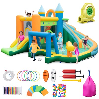 Infans Inflatable Water Slide, 9 in 1 Giant Water Bounce House Park w/Dual Slides, Soccer Gate, Deep Splash Pool, with 735W Blower