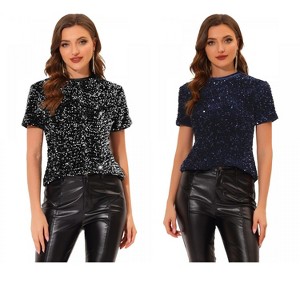 INSPIRE CHIC Women's Sequin Velvet Crew Neck Short Sleeve T-shirt 2 Packs - 1 of 4