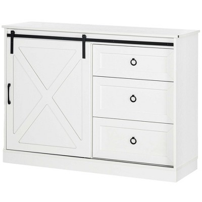 Farmhouse Chic White Kitchen Buffet Cabinet with Sliding Barn Door