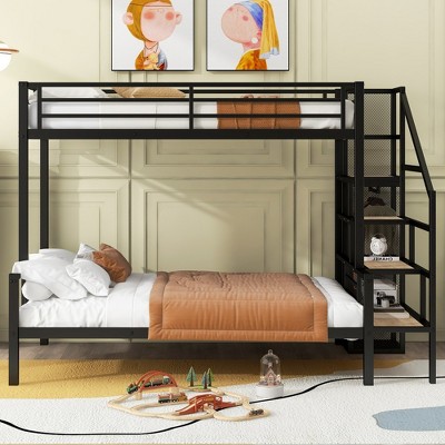 YOOCOZZ Twin Over Full Metal Bunk Bed with Storage Staircase and Built-in Small Wardrobe