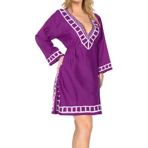 LA LEELA Women's Loose Mini Beachwear Swim Suit Dress Holiday Short Summer Beach Dress Bathing Suit Cover Ups 8-12 Purple, Solid - image 1 of 3