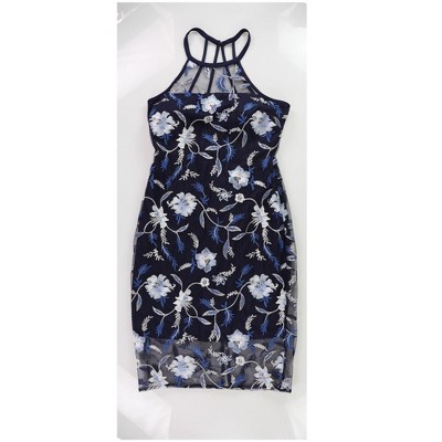 GUESS Womens Metallic Illusion Floral Sheath Dress, Blue, 2