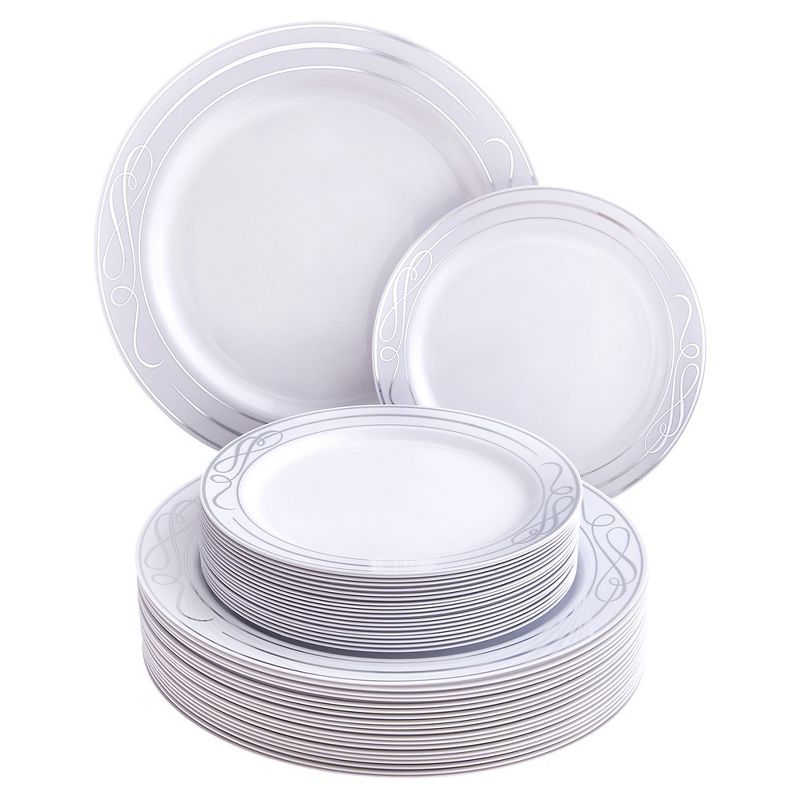 Silver Spoons Elegant Disposable Dinnerware Set for Party, Includes 20 Dinner Plates (10.25”) & 20 Side Plates (7.5”) – Bella Collection, 1 of 5
