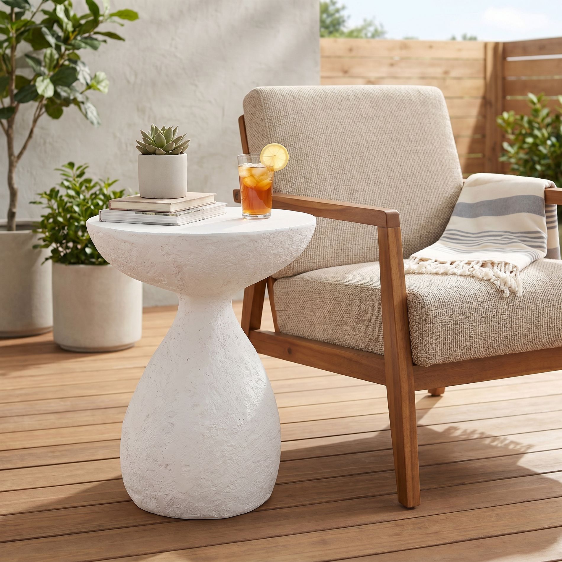 Outdoor Patio Vase-Shaped MGO Accent Side Table, White Hourglass End Table, Decorative Pedestal Table - ModernLuxe