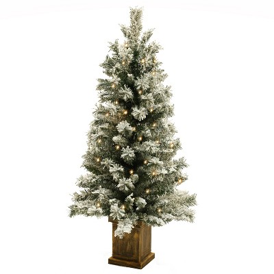 LuxenHome Small Flocked Christmas Tree with Square Planter, 4.1Ft Christmas Tree with Lights and Timer, Battery Operated Off-White
