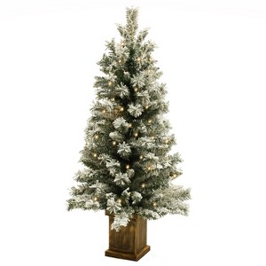 LuxenHome Small Flocked Christmas Tree with Square Planter, 4.1Ft Christmas Tree with Lights and Timer, Battery Operated Off-White - 1 of 4