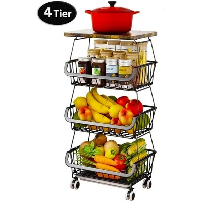 4 Tier Fruit Storage Basket,Kitchen Storage Rack with Rollers for Pantry