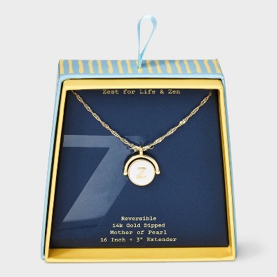 14K Gold Dipped Crystal and Mother of Pearl Circle Spinner Initial Necklace - A New Day™