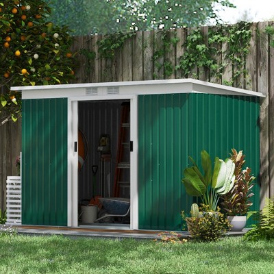 Green and White Metal Garden Storage Shed with Windows