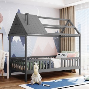 Twin Size Wood House Bed with Fence for Kids,Teens - 1 of 4