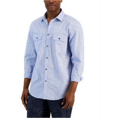 Alfani Mens Heathered Button Up Shirt, Blue, Small