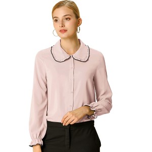 Allegra K Women's Sweet Ruffle Peter Pan Collar Long Sleeves Button Down Shirt - 1 of 4