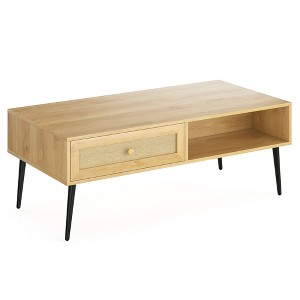 47" Wood Rectangle Coffee Table with Drawer, Shelf, and Metal Legs for Living Room - 1 of 4