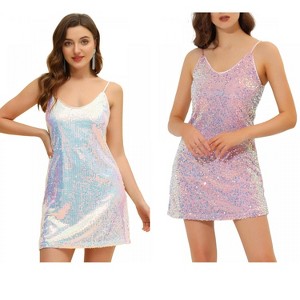 Allegra K Women's Glitter Sequin Spaghetti Strap V Neck Cocktail Sparkly Mini Dress 2 Packs - 1 of 4