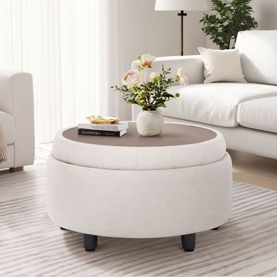 Round Fabric Storage Ottoman with Reversible Tray Lid – 3-in-1 Footrest, Hidden Storage, Small Coffee Table – 25”x25”