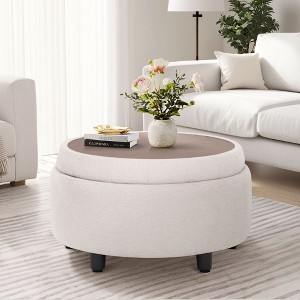 Round Fabric Storage Ottoman with Reversible Tray Lid – 3-in-1 Footrest, Hidden Storage, Small Coffee Table – 25”x25” - 1 of 4