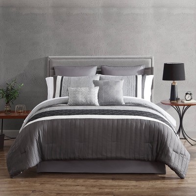 Rossi Embroidered Colorblock Comforter & Sheets Bedding Set Gray